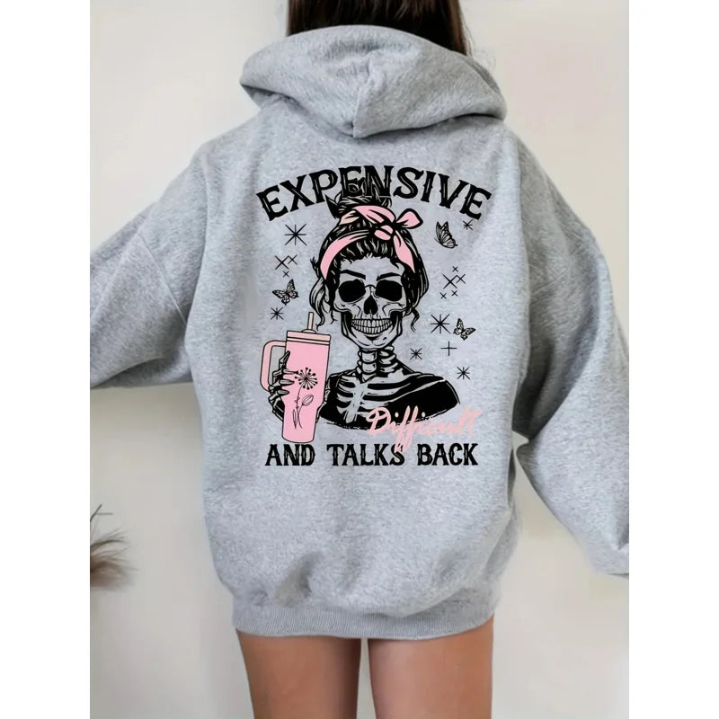 2025 Women's Edgy Skull & Stars Graphic Print Hoodie Expensive Talks Back Pullover Sweatshirt Autumn Winter Hoodie