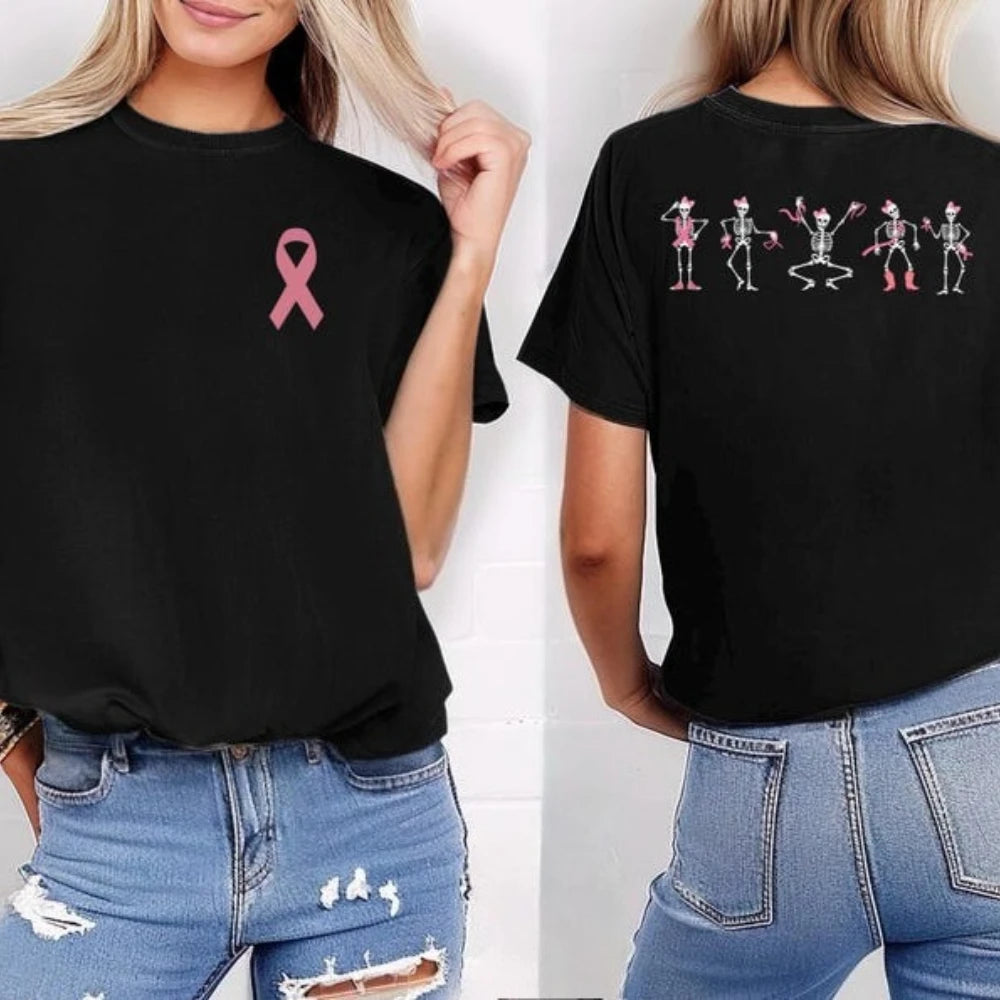 Breast Cancer Awareness Pink Ribbon Skeleton T-Shirt Halloween Gift Dancing Bones Shirt Women Men Unisex Comfortable Cotton Tee