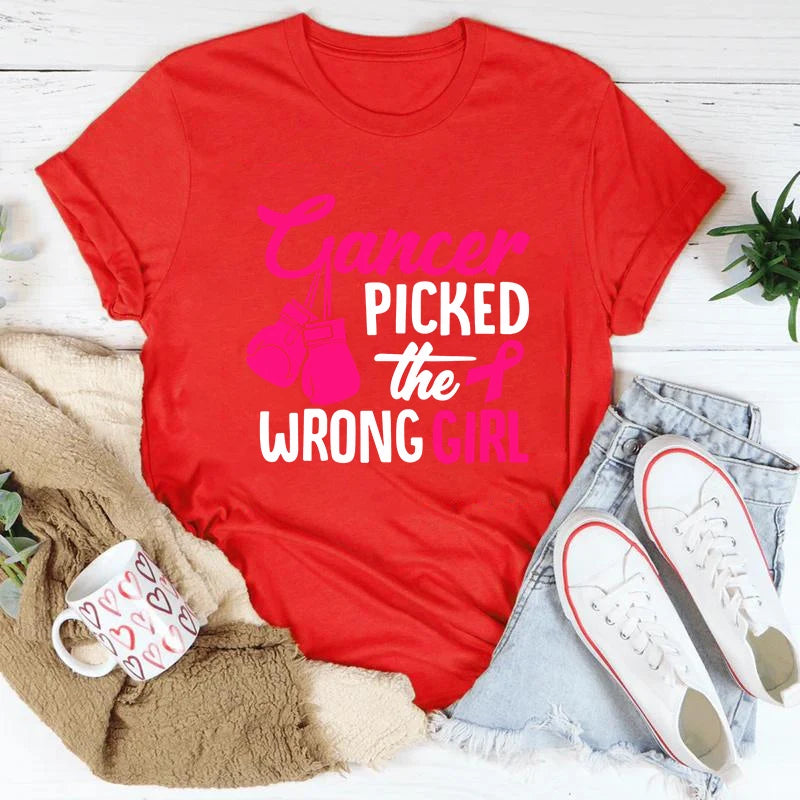 Breast Cancer Cancer Picked The Wrong Girl Printing T-Shirt Fashion Short Sleeve Summer Cool Hip Hop Top Tee