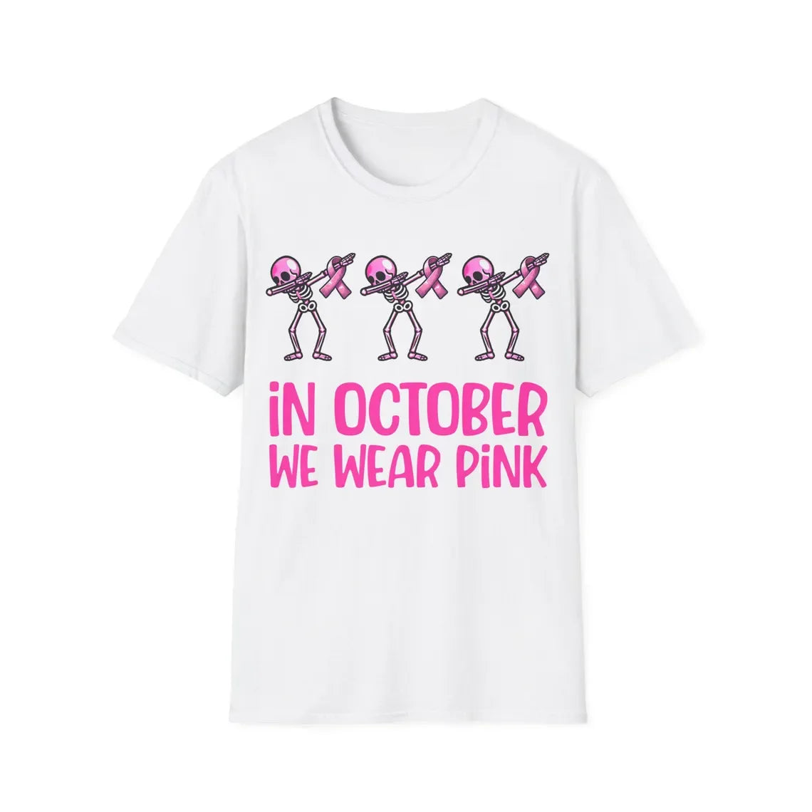 October Pink Ribbon T-Shirt Breast Cancer Awareness, Halloween Skeleton Graphic T-shirt, Short Sleeve Crew Neck Casual Top