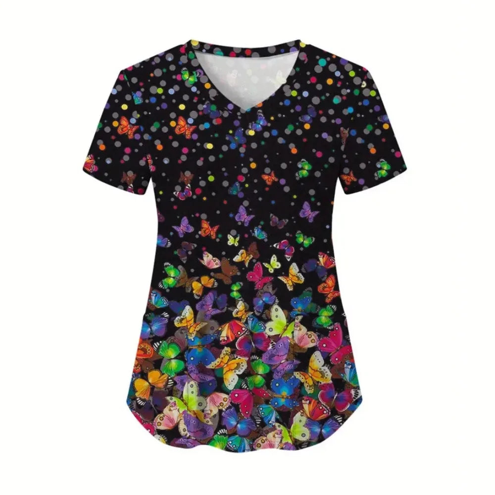 Scrub Medical Woman Elegant Butterfly Print Health Care Nursing V-Neck Short Sleeve Patch Pocket Tops Medical Uniform for Women