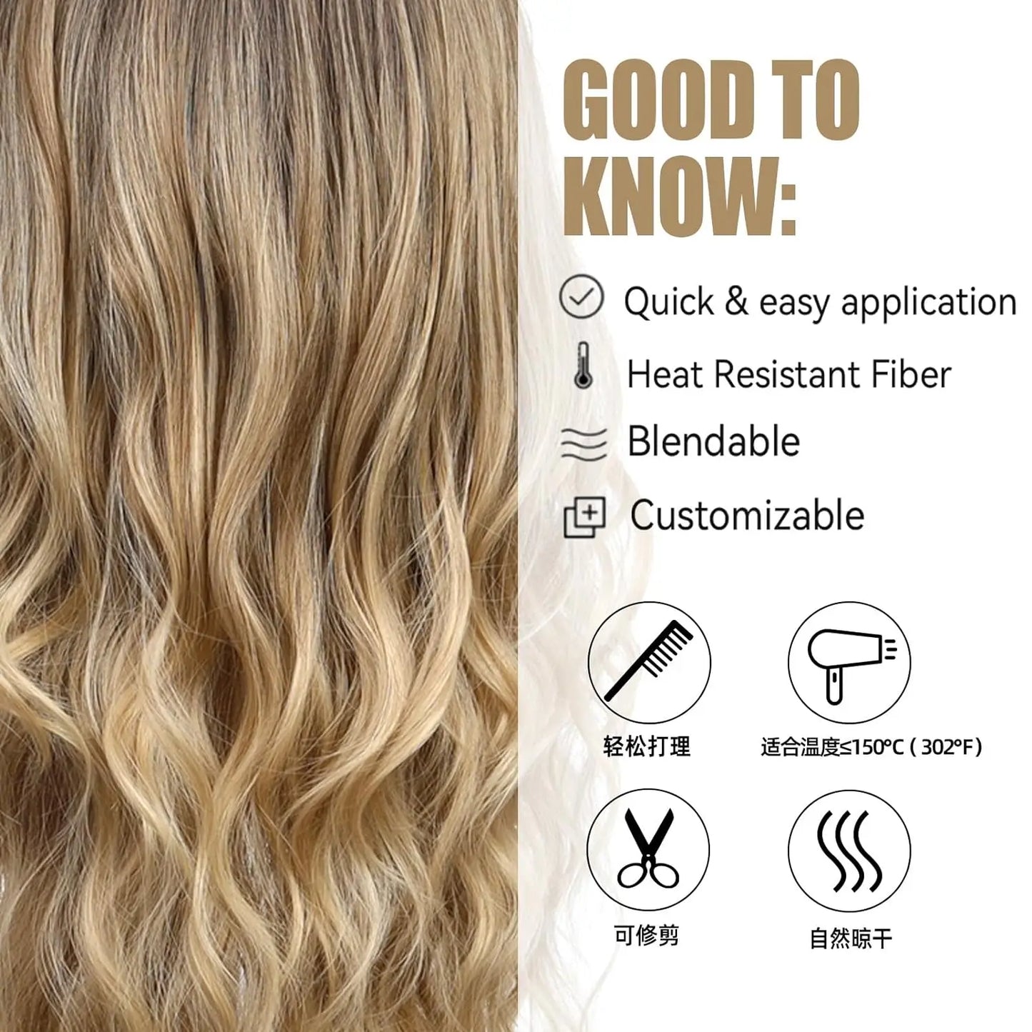 the BANG BADDIE - Ombre Brown Synthetic Long Wavy Wig with Fluffy Bangs for Women, Natural Hair Brown Blonde Highlight Wigs for Daily Cosplay Use