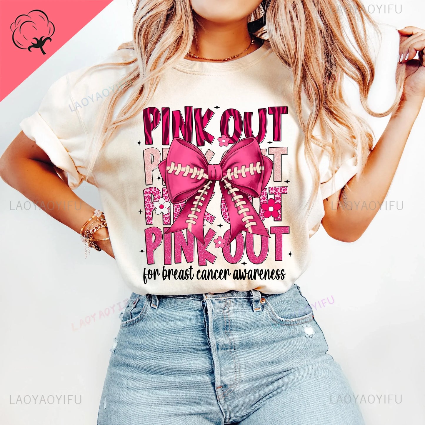 Breast Cancer Awareness Fight Print T Shirt in October We Wear Pink Awareness Ribbon Aesthetic Clothes Pink and White Tops Shirt