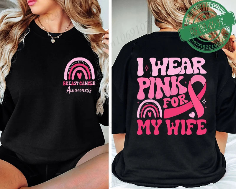 the PINK FOR - I Wear Pink for Breast Cancer Print Women T-Shirt, Pink Ribbon Support Squad Shirt for Women, Fashion Casual Clothes Summer T-Shirt