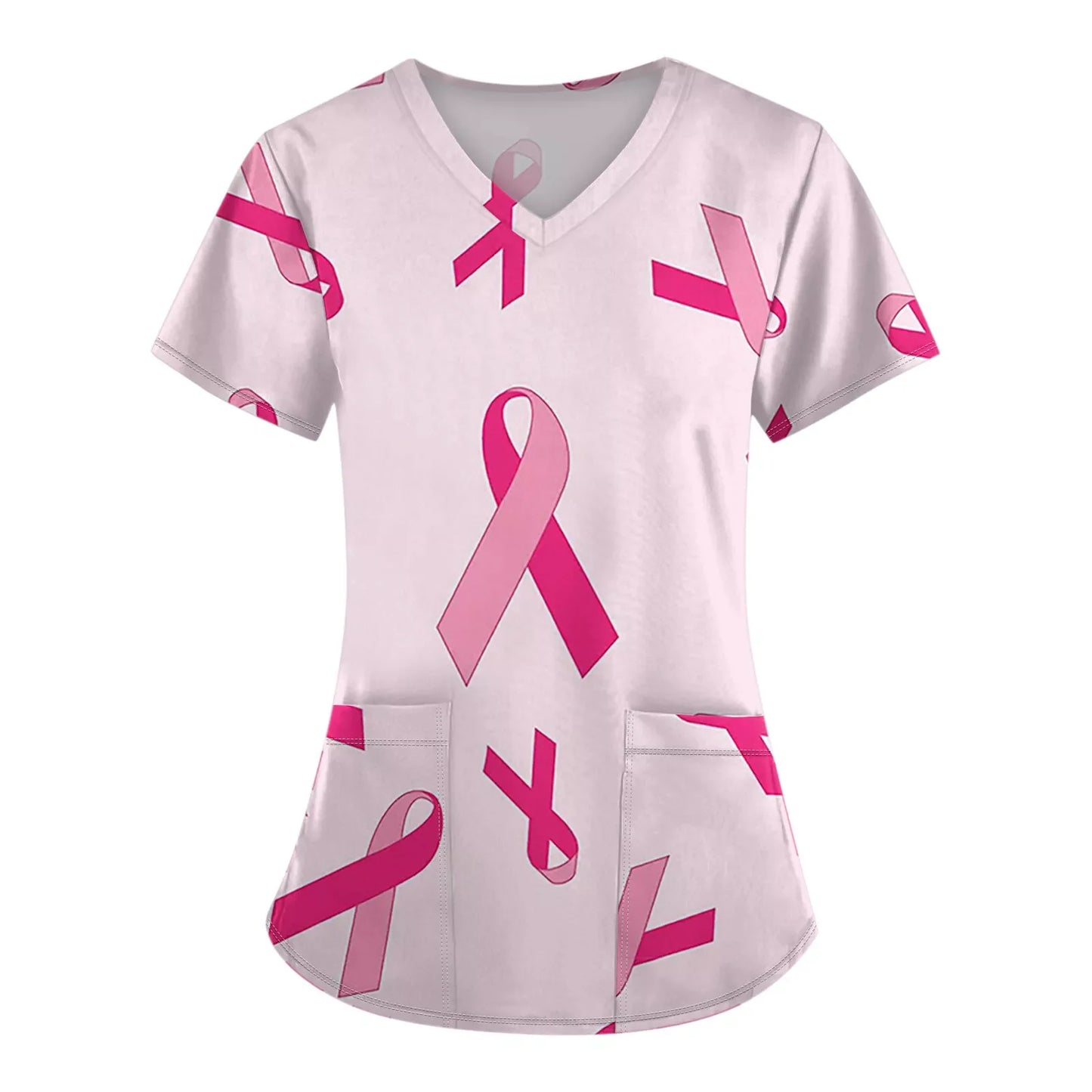 Surgical Uniforms Woman Pink Ribbon Print Heal Nurse Tops V-Neck Short Sleeve Patch Pocket Cancer Fighter Clinical Uniform Woman