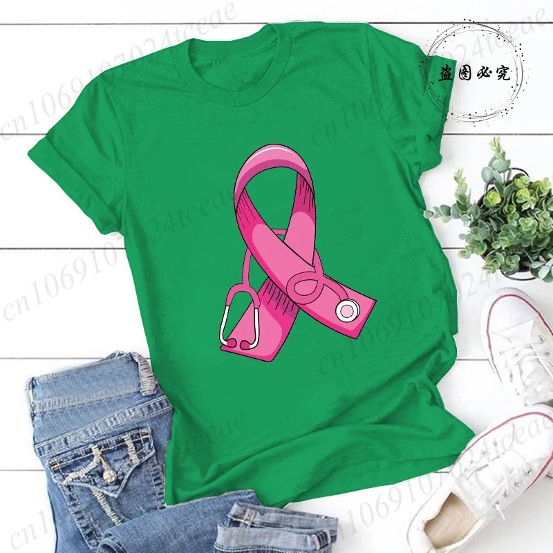 Breast Cancer Doctor Print Tshirt Women Breast Cancer Warrior Graphic Aesthetic T Shirt Pink Stethoscope Tshirt Ladies Clothing