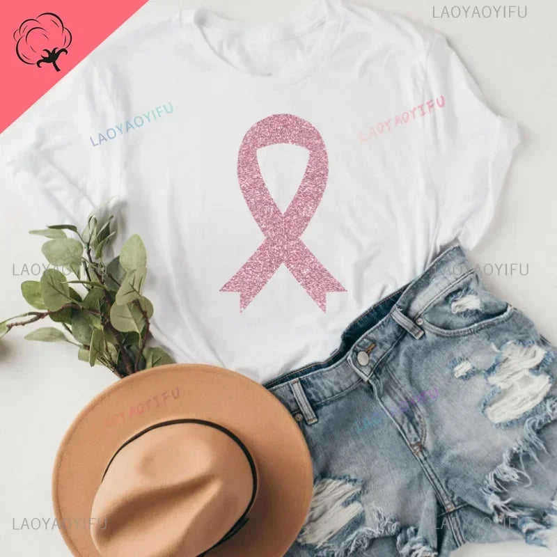 Ribbon Print Breast Cancer Awareness Shirts Cancer Survivor Shirt Pink Ribbon Shirt Breast Cancer Awareness Gift Tees Cotton Tee