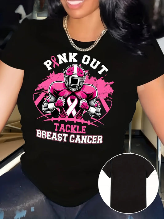 Pink Out Tackle Breast Cancer Graphic T-Shirt for Women - Casual Round Neck Short Sleeve Polyester Knit Fabric Top