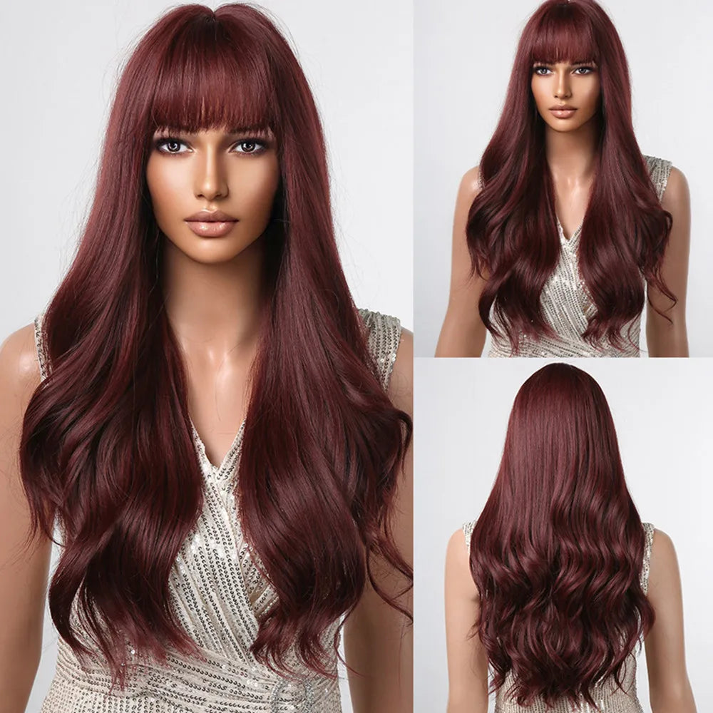 the MADELEINE - Ombre Honey Brown Synthetic Hair Wigs, Long Natural Body Wavy Wig with Bangs, Realistic Daily Party Soft Wig Heat Resistant Fiber