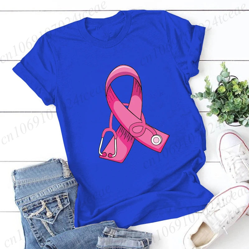 Breast Cancer Doctor Print Tshirt Women Breast Cancer Warrior Graphic Aesthetic T Shirt Pink Stethoscope Tshirt Ladies Clothing