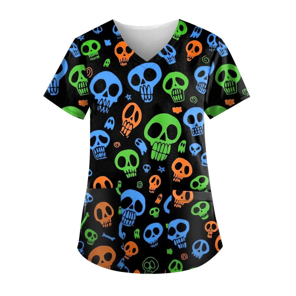 Women's Hospital Uniform Halloween Cartoon Print Dental Nurse Tops V-Neck Short Sleeve with Pocket Tee Medical Uniform for Women