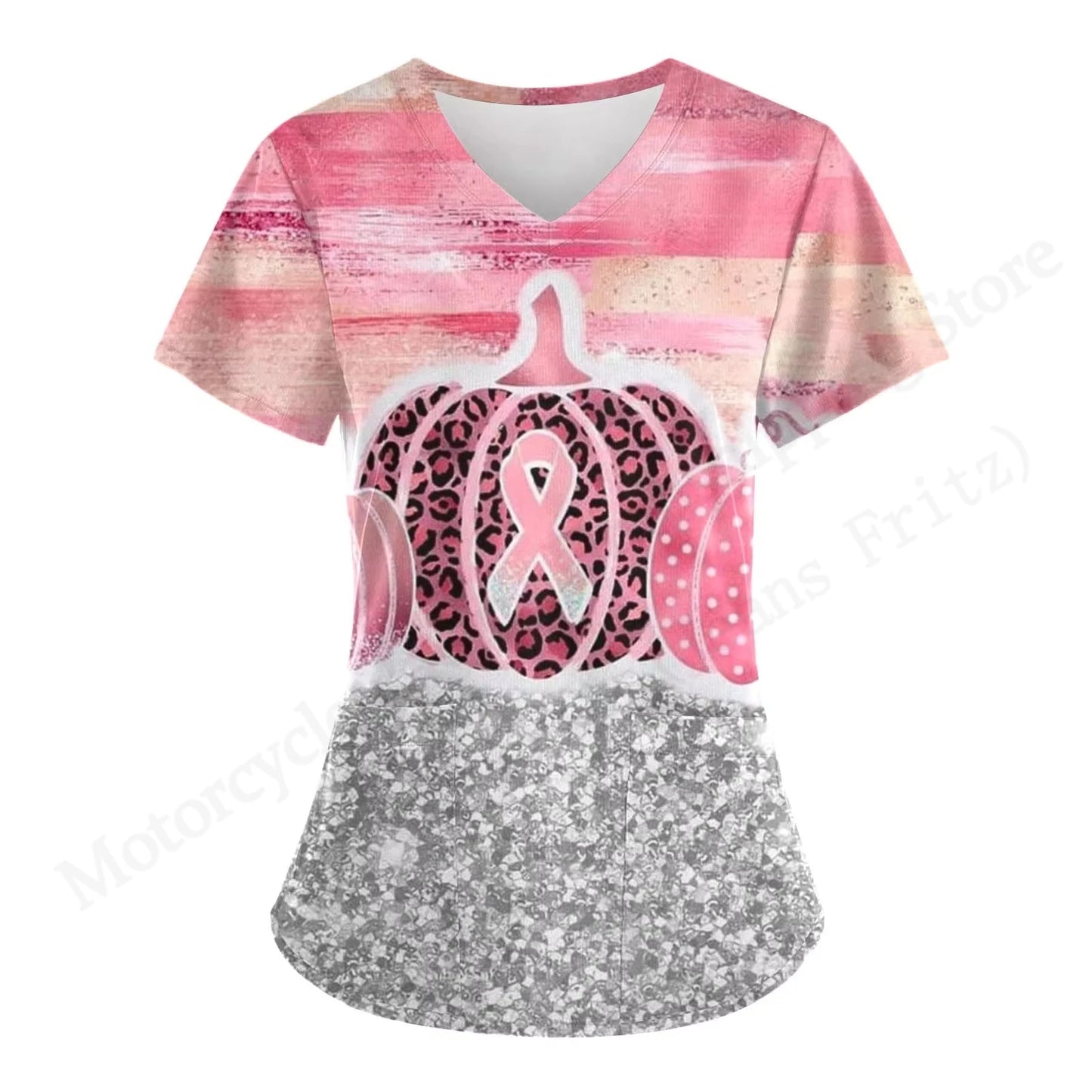 Love Nurse Uniform Scrubs Medical Uniform Pink Ribbon 3D Print V-Neck Pocket Short Sleeve Medical Uniforms Working Clothes New