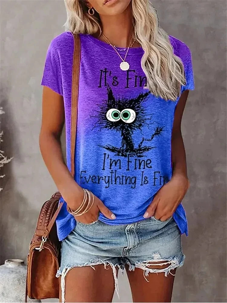 the I'M FINE - 3D Print T-Shirts Women Streetwear Summer Cartoon Cats Fine, Casual Fashion Short Sleeve T Shirt O-neck Tees Tops Clothing