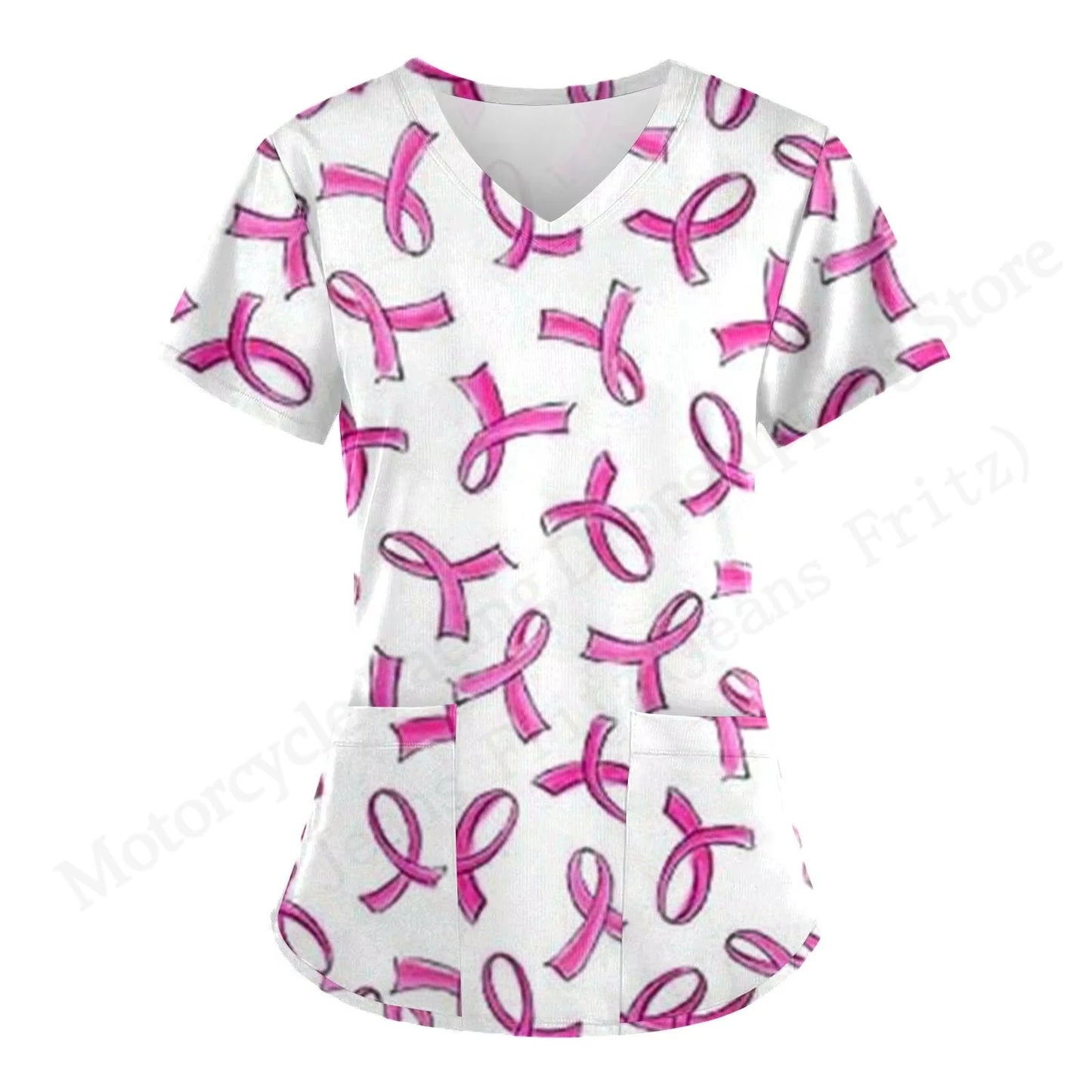 Love Nurse Uniform Scrubs Medical Uniform Pink Ribbon 3D Print V-Neck Pocket Short Sleeve Medical Uniforms Working Clothes New