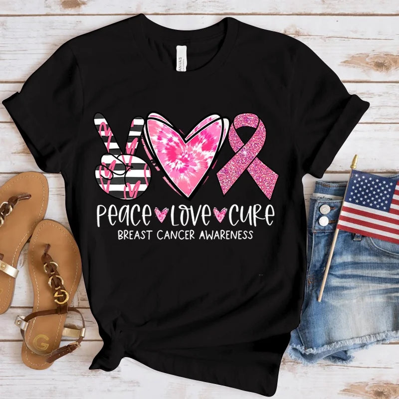 the PEACE LOVE CURE - Breast Cancer Awareness T-Shirt for Women
