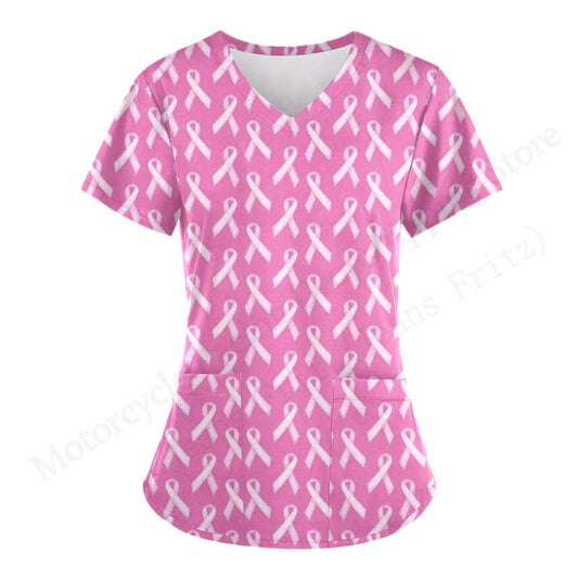 Love Nurse Uniform Scrubs Medical Uniform Pink Ribbon 3D Print V-Neck Pocket Short Sleeve Medical Uniforms Working Clothes New
